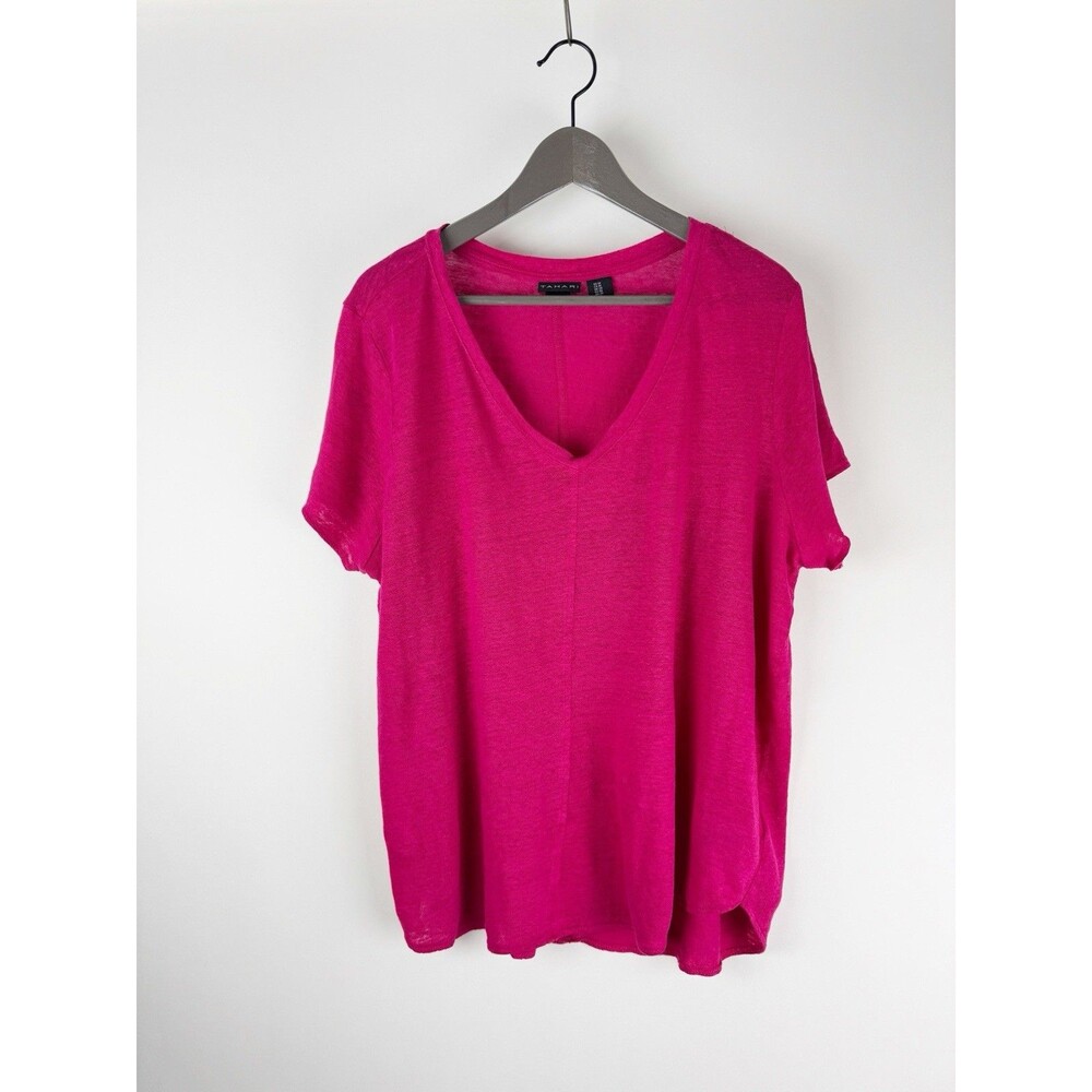 100% Linen Top Tahari Women's V-Neck Beachy Coastal Pink Short Sleeve T Shirt 1X